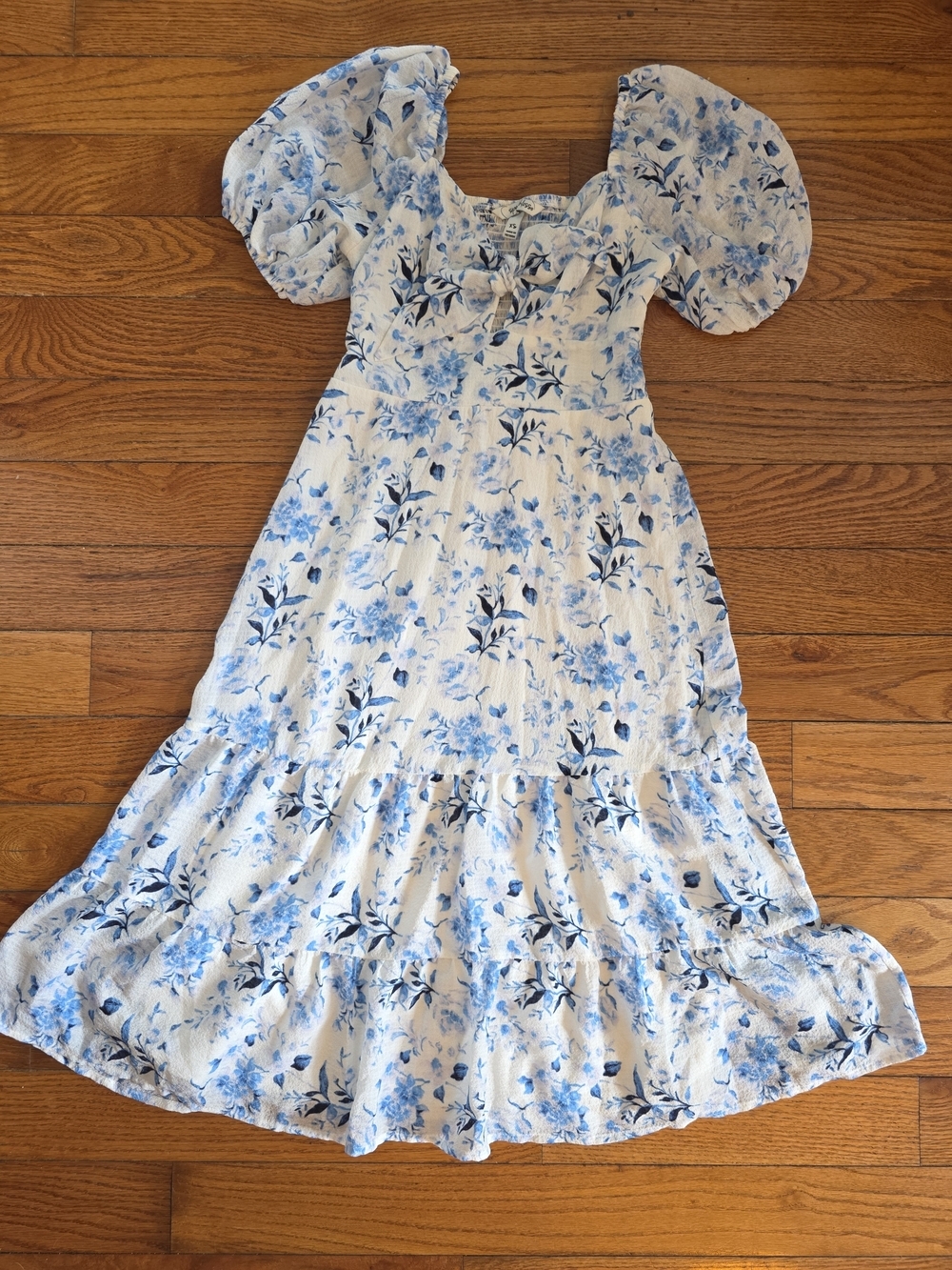 Speechless White and Blue Floral Midi Dress with Puff Sleeves